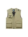 Front view of a men's khaki outdoor utility vest with multiple pockets and V-neck - S / Tops / Khaki