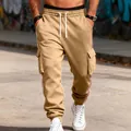 Herren schwere Cargo-Jogginghose in Khaki mit Retro-Seitenstreifen und Gummizug - S / Unterteile / Camel