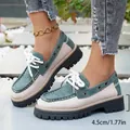 British style two-tone lace-up platform loafers for women in green and beige finish - 36 / Green