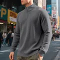 Men's casual grey waffle-knit quarter-zip pullover sweatshirt in loose fit style - S / Tops / Dark Gray
