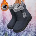 Navy blue waterproof women's snow boots with warm faux fur lining and velcro strap. - Navy Blue