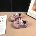 Detail shot of purple and brown children's sports shoes with cute cartoon charms - Size 28 (Inner Length 17.5cm) / Purple (Fleece Lined)
