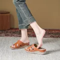 Women's orange brown wedge sandals with cross strap and contrast stitching detail - 38 / Light Camel