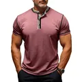 Close-up of men's dusty pink Henley shirt with contrast stitching and striped collar. - S / Tops / Rose Red