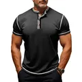 Front view of men's short-sleeve Henley shirt with contrast striped trim detail - S / Tops / Black