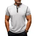 Close-up of a white men's Henley t-shirt featuring black and white striped collar trim - S / Tops / White