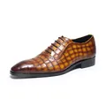 Premium men's leather Derby shoes with crocodile embossed pattern in brown - 37 / Brown Yellow
