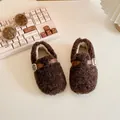 Cozy coffee brown lamb wool baby slippers featuring a stylish vintage buckle strap design - Size 21 (Inner Length 13.3cm) / Brown