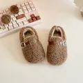 Warm brown sherpa toddler walking shoes with stylish buckle detail for autumn winter - Size 21 (Inner Length 13.3cm) / Khaki