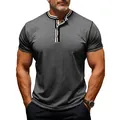 Detail of men's grey Henley t-shirt featuring contrast striped collar and button placket - S / Tops / Dark Gray