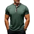 Close-up detail of a green short-sleeved Henley t-shirt with striped collar and buttons - Green