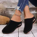 Side view of comfortable black closed-toe mules with white contrast stitching and wedge heel - 36 / Black
