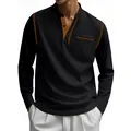 Men's stylish black long-sleeved polo shirt with contrast orange stitching and pocket - S / Top (WW-DF16) / Black