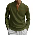 Olive green men's long sleeve stand collar polo shirt with orange contrast stitching - Army Green