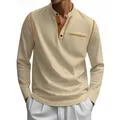 Men's long sleeve stand-collar Henley shirt in beige with contrast stitching details - Khaki