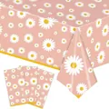 Detailed view of white daisy pattern on pink disposable party tablecloth and napkins - 137x274cm