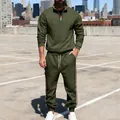 Men's premium heavy olive green tracksuit set featuring stand collar and contrast stripes - Army Green