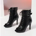 Elegant black patent leather peep-toe lace-up high heel ankle boots for women's wear - 35 / 7cm Heel Glossy Style / Black