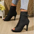 Elegant black peep-toe lace-up high-heeled sandals with side buckle for women shoe - 35 / 10CM Heel / Black Cloth