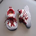 Red and white chunky sneakers for toddlers with mesh fabric and silver accents - Size 21/Inner Length 15cm / Red