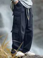 Close-up of multi-pocket design and durable fabric on loose-fit navy blue cargo pants. - S / Navy Blue