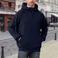 Front view of men's navy blue half-zip hoodie with front pocket and hood details - S / Tops / Navy Blue