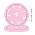 Pink ribbon bow theme disposable paper plates, 18cm diameter for festive party decoration. - 7 Inch Plates / Set of 24