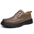 Classic brown genuine leather men's business casual shoes with anti-slip rubber sole. - 38 / Lace-up Regular / Khaki