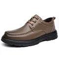 Brown genuine cowhide leather men's shoe with plush warm lining and thick sole - 38 / Lace-up Fleece Lined / Khaki