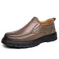 Premium men's brown genuine leather slip-on shoes with soft non-slip rubber sole - 38 / Slip-on Regular / Khaki