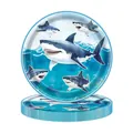 Close-up detail of blue ocean shark theme disposable paper plates for party supplies. - 9-Inch Paper Plates (Shark Group Design) / 20 Pieces Set