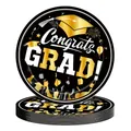 Stack of black and gold disposable paper plates with Congrats GRAD graduation theme design - 24 Pieces/Pack 9-Inch Plates