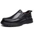 Premium black men's leather loafers with warm faux fur lining and anti-slip thick sole - 38 / Slip-on Fleece Lined / Black