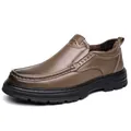 Men's premium brown leather loafers featuring warm fleece lining and a thick anti-slip sole - 38 / Slip-on Fleece Lined / Khaki