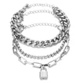 Elegante conjunto de pulseras multicapa plateadas con pedrería y colgante de candado - Estilo de Cinco Piezas Plateado (AB826-02)