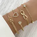 Juego de pulseras doradas con dijes de corazón, nudo e infinito decoradas con strass - Estilo de Cuatro Piezas Nudo de Corazón (AB1103)