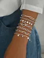 Elegante conjunto de pulseras de cadena multicapa plateadas para mujer con dijes minimalistas - Estilo de Siete Piezas Plateado (AB1200白K)