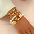 Conjunto de pulseras multicapa vintage doradas con candado y perlas de imitación - Colgante de Moneda de Perla Artificial (AB646)