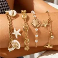 Set de pulseras doradas retro con estrellas de mar, conchas y perlas artificiales - Juego de Colgantes de Estrella de Mar (AB1666海星)
