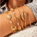 Conjunto de pulseras doradas con conchas y perlas para un estilo bohemio - Juego de Joyería de Conchas (AB1667贝壳)