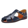 Sandalias de pescador en cuero azul marino con punta cerrada y hebilla - 38 / Azul