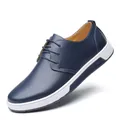 Stylish breathable navy blue men's casual leather sneakers with thick white sole - 38 / Blue