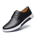 Fashionable breathable black men's casual leather shoes with lace-up design and white sole - Black / 38