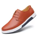 Stylish men's brown casual leather shoes with a breathable upper and a white rubber sole - Brown / 38