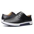 Men's breathable black perforated leather casual dress shoes with thick white soles - Hollow-out Black / 38