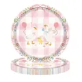 Close-up of disposable paper plates with cute pink goose and family party theme design - 9-Inch Plate (20 Pieces/Pack)