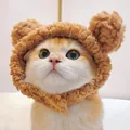 Close-up of a cute orange and white cat wearing a fuzzy brown plush bear ear headpiece - Suitable for Cats and Dogs / Brown Bear / Brown