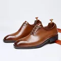 Professional brown leather brogue Oxford shoes with square toe for men's business dress - 40 / Brown