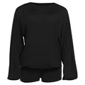 Elegant black solid color round neck long sleeve romper jumpsuit with stylish puffed sleeves - S / Jumpsuits / Black