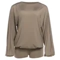 Elegant women's solid khaki long sleeve round neck romper set with elastic waist - S / Jumpsuits / Khaki